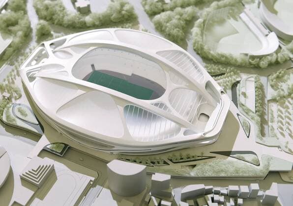 Costly Olympic stadium construction approved Photo taken July 7, 2015, shows a model of Japan s new national stadium -- the main venue for the 2020 Tokyo Olympics and Rugby World Cup 2019. Its 252 billion yen construction costs were approved on the day. The Japan Sports Council hopes it can start the construction in October. 