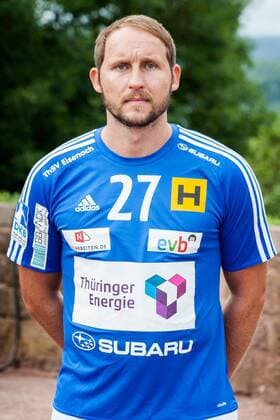 PRESSETERMIN THSV EISENACH 08 07 2015 - Eisenach: Die 1. Bundesliga Mannschaft des ThSV Eisenach zum Pressetermin am 8. Juli 2015 auf der Wartburg. Im Foto: Nick Heinemann 27 (ThSV Eisenach)