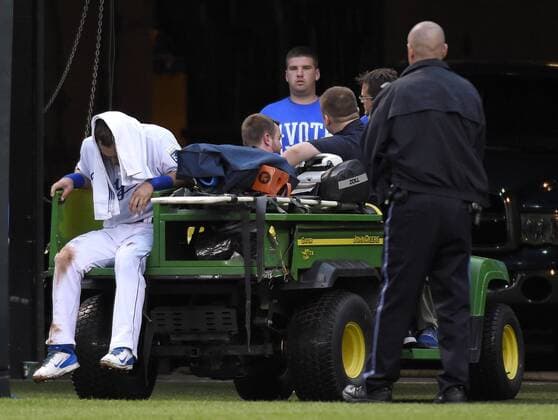 July 8, 2015 - Kansas City, MO, USA - Kansas City Royals left fielder Alex Gordon is taken off the field on a cart after being injured chasing an inside the park home run by the Tampa Bay Rays Logan Forsythe in the fourth inning on Wednesday, July 8, 2015, at Kauffman Stadium in Kansas City, Mo. Tampa Bay at Kansas City - ZUMAm67_