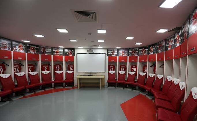 MOSCOW, RUSSIA. JULY 9, 2015. A locker room of the Otkrytie Arena Stadium, FC Spartak s new home stadium and a venue for 2018 FIFA World Cup WM Weltmeisterschaft Fussball matches. Sergei Fadeichev TASS  TS0076B9