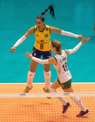 2015 FIVB Volleyball World Grand Prix Sao PAULO, Brazil - 12 07 2015: 2015 FIVB VOLLEYBALL WORLD GRAND PRIX - Jaque and Camila Brait Brazil during the match between Brazil vs Germany, valid for the 2015 FIVB Volleyball World Grand Prix, held at the Ibirapuera Gymnasium. (Photo: Marcelo Machado de Melo FotoArena)  MarceloxMachadoxdexMelo