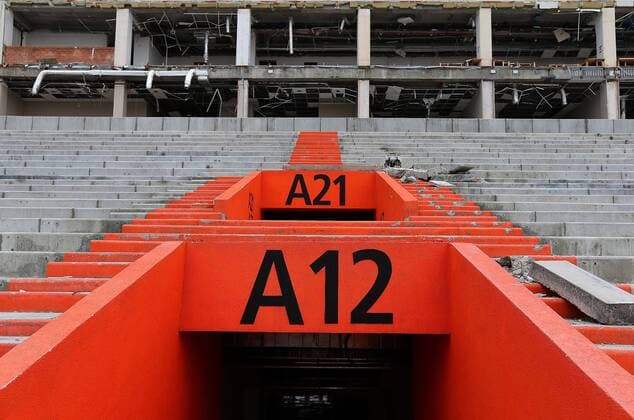 YEKATERINBURG, RUSSIA. JULY 12, 2015. Dismantling non-historical structures as part of the repair and restoration works at the Central Stadium, a venue for 2018 FIFA World Cup WM Weltmeisterschaft Fussball matches. Sergei Fadeichev TASS  TS007901