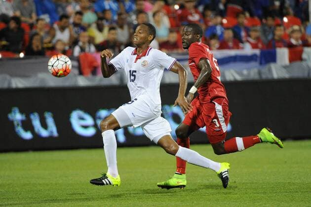 July 14, 2015: Costa Rica D Junior Diaz (15) and Canada D David Edgar (5) fight for the ball during the CONCACAF Gold Cup game between Canada and Costa Rica at BMO Field in Toronto, Ont. SOCCER: JUL 14 CONCACAF Gold Cup - Group Stage - Canada v Costa Rica Icon15071419 EDITORIAL USE ONLY