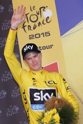 - CAUTERETS, FRANCE: British Chris Froome of Team Sky celebrates on the podium in the yellow jersey of leader in the overall ranking after stage 11 of the 2015 edition of the Tour de France cycling race, 188 km from Pau to Vallee de Saint-Savin, Cauterets, France, Wednesday 15 July 2015. This year s Tour de France is taking place from 4 to 26 July. YUZURUxSUNADA  x04664861x