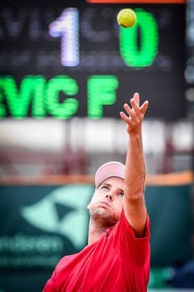 - MIDDELKERKE, BELGIUM: Belgian Steve Darcis pictured in action during the first game between Belgian Steve Darcis and Canadian Frank Dancevic at the Davis Cup quarter final World Group meeting between Belgium and Canada, Friday 17 July 2015 in Middelkerke. LUCxCLAESSEN  x04666088x
