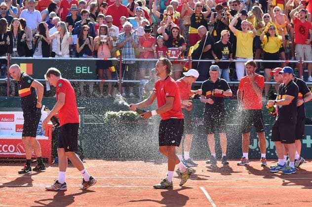 - MIDDELKERKE, BELGIUM: Belgian team celebrates after winning the third game, a double match between Belgians Ruben Bemelmans and Kimmer Coppejans and Canadians Daniel Nestor and Adil Shamasdin at the Davis Cup quarter final World Group meeting between Belgium and Canada, Saturday 18 July 2015 in Middelkerke. LUCxCLAESSEN  x04666921x