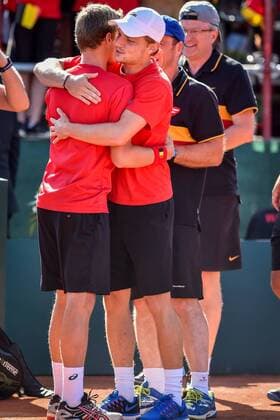 - MIDDELKERKE, BELGIUM: Belgian Kimmer Coppejans and Belgian David Goffin celebrate after winning the Davis Cup quarter final World Group meeting between Belgium and Canada, Saturday 18 July 2015 in Middelkerke. LUCxCLAESSEN  x04667004x