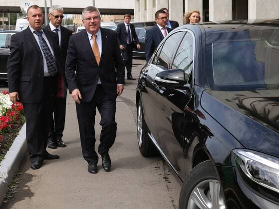 MOSCOW, RUSSIA. JULY 19, 2015. International Olympic Committee president Thomas Bach (C) arrives for an Olympic Order award ceremony. Vyacheslav Prokofyev TASS  TS007F5F