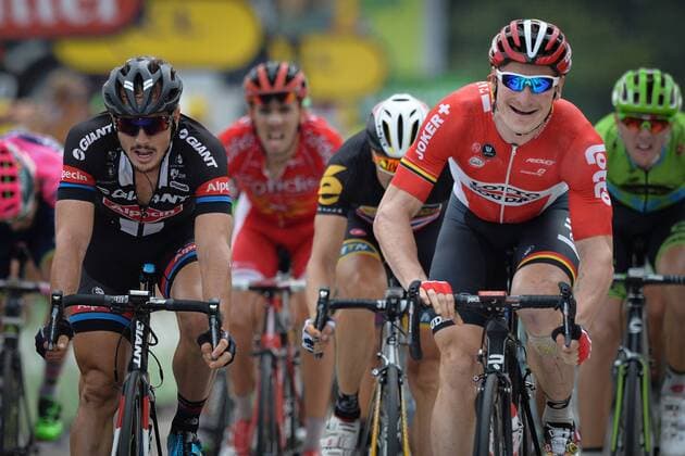- VALENCE, FRANCE: German John Degenkolb of Team Giant-Alpecin and German Andre Greipel of Lotto - Soudal sprint for the finish of stage 14 of the 2015 edition of the Tour de France cycling race, 183 km from Mende to Valence, France, Sunday 19 July 2015. This year s Tour de France is taking place from 4 to 26 July. DAVIDxSTOCKMAN  x04667423x