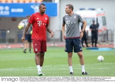 GUANGZHOU, CHINA - JULY 22: (CHINA OUT) Jerome Boateng and Fitness coach Andreas Kornmayer of FC Bayern Muenchen take part in a training session at Tianhe Stadium ahead of the International Friendly Länderspiel match between Guangzhou Evergrande and FC Bayern Muenchen on July 22, 2015 in Guangzhou, China.  CFP470653772 