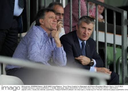 Davor Suker (rechts) im Gespraech mit Dinamo-Praesident Zdravko Mamic 22.07.2015 Fussball Champions League Qualifikation, 1. Runde, Rueckspiel, Saison 2015-2016 22.07.2015 LUX, CLQ, CS Fola Esch (LUX) - GNK Dinamo Zagreb (CRO) Stade Josy Barthel, Luxemburg 