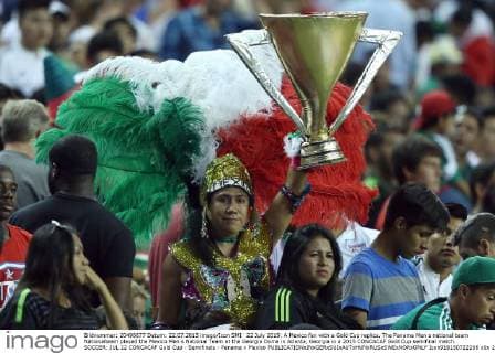 22 July 2015: A Mexico fan with a Gold Cup replica. The Panama Men s national team Nationalteam played the Mexico Men s National Team at the Georgia Dome in Atlanta, Georgia in a 2015 CONCACAF Gold Cup semifinal match. SOCCER: JUL 22 CONCACAF Gold Cup - Semifinals - Panama v Mexico Icon918150722206 EDITORIAL USE ONLY