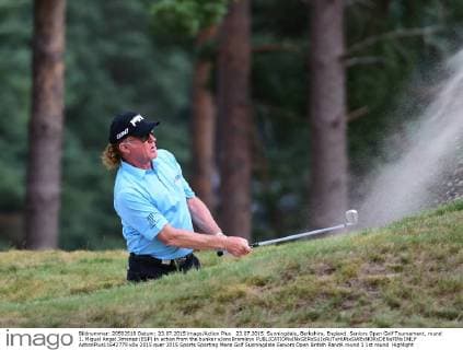 23.07.2015. Sunningdale, Berkshire, England. Seniors Open Golf Tournament, round 1. Miguel Angel Jimenez (ESP) in action from the bunker xJonxBromleyx  ActionPlus11642779