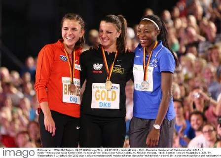 24.07.2015 - Leichtathletik - DLV - Deutsche Meisterschaft Meisterschaften 2015 - MaWi - Weitsprung Nadja Käther (458, Hamburger SV, links) Lena Malkus (1107, SC Preußen Münster, mitte) Sosthen Taroum Moguenara (1139, TV Wattenscheid 01, rechts)