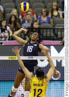 Jul 25, 2015 - Omaha, NE U.S. - United States opposite hitter Foluke Akinradewo 16 serves in action during a 2015 FIVB Women s Volleyball World Grand Prix Finals match between Brazil and USA at CenturyLink Center in Omaha, NE...USA won 25-16, 25-22, 25-21. 2015 FIVB Women s Volleyball Grand Prix Final Round: Brazil vs USA Jul 25 - ZUMAc04_