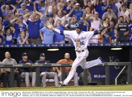 July 25, 2015 - Kansas City, MO, USA - The Kansas City Royals Paulo Orlando (16) heads for home to score the winning run on a hit by Alcides Escobar in the 10th inning for a 2-1 win against the Houston Astros on Saturday, July 25, 2015, at Kauffman Stadium in Kansas City, Mo. Houston at Kansas City - ZUMAm67_