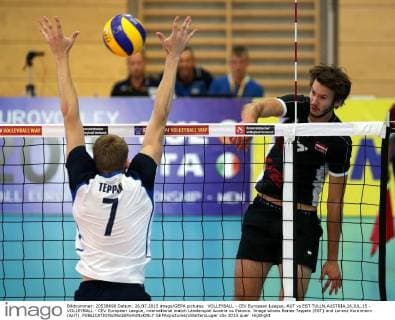 VOLLEYBALL - CEV European League, AUT vs EST TULLN,AUSTRIA,26.JUL.15 - VOLLEYBALL - CEV European League, international match Länderspiel Austria vs Estonia. Image shows Renee Teppan (EST) and Lorenz Koraimann (AUT). GEPAxpictures xWalterxLuger