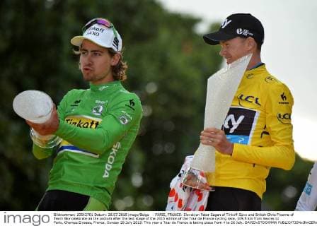 - PARIS, FRANCE: Slovakian Peter Sagan of Tinkoff-Saxo and British Chris Froome of Team Sky celebrate on the podium after the last stage of the 2015 edition of the Tour de France cycling race, 109,5 km from Sevres to Paris, Champs Elysees, France, Sunday 26 July 2015. This year s Tour de France is taking place from 4 to 26 July. DAVIDxSTOCKMAN  x04671490x