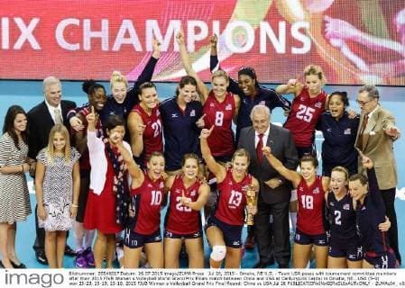 Jul 26, 2015 - Omaha, NE U.S. - Team USA poses with tournament committee members after their 2015 FIVB Women s Volleyball World Grand Prix Finals match between China and USA at CenturyLink Center in Omaha, NE...USA (5-0) won 25-23, 25-19, 25-18. 2015 FIVB Women s Volleyball Grand Prix Final Round: China vs USA Jul 26 - ZUMAc04_