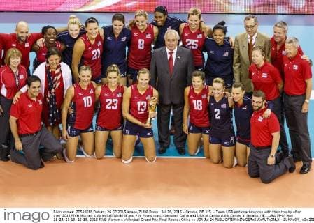 Jul 26, 2015 - Omaha, NE U.S. - Team USA and coaches pose with their trophy after their 2015 FIVB Women s Volleyball World Grand Prix Finals match between China and USA at CenturyLink Center in Omaha, NE...USA (5-0) won 25-23, 25-19, 25-18. 2015 FIVB Women s Volleyball Grand Prix Final Round: China vs USA Jul 26 - ZUMAc04_