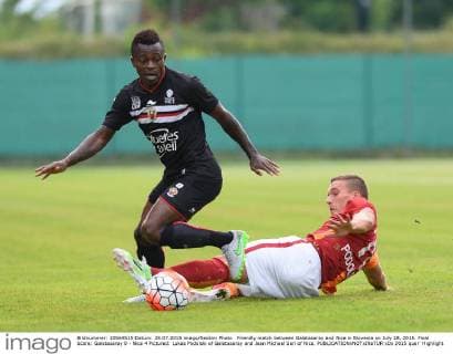 Friendly match between Galatasaray and Nice in Slovenia on July 28, 2015. Final Score: Galatasaray 0 - Nice 4 Pictured: Lukas Podolski of Galatasaray and Jean Michael Seri of Nice. 