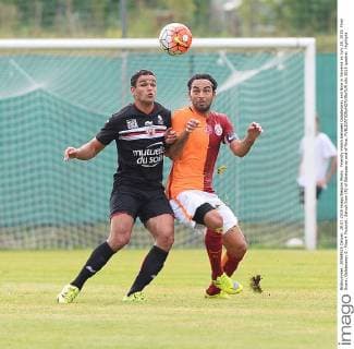 Friendly match between Galatasaray and Nice in Slovenia on July 28, 2015. Final Score: Galatasaray 0 - Nice 4 Pictured: Selcuk Inan (R) of Galatasaray and of Nice. 