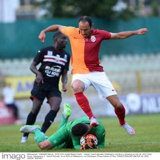 Friendly match between Galatasaray and Nice in Slovenia on July 28, 2015. Final Score: Galatasaray 0 - Nice 4 Pictured: Umut Bulut of Galatasaray and Goalkeeper Mouez Hassen of Nice. 
