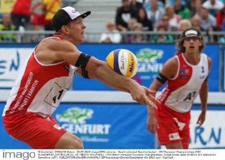 Beach volleyball Beachvolleyball - CEV European Championships 2015 KLAGENFURT,AUSTRIA,29.JUL.15 - BEACH VOLLEYBALL - CEV Beach Volleyball European Championships. Image shows Janis Smedins and Aleksandrs Samoilovs (LAT). GEPAxpictures xDanielxGoetzhaber