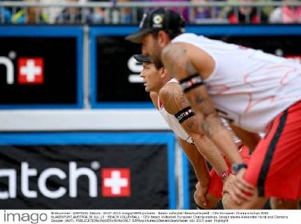 Beach volleyball Beachvolleyball - CEV European Championships 2015 KLAGENFURT,AUSTRIA,30.JUL.15 - BEACH VOLLEYBALL - CEV Beach Volleyball European Championships. Image shows Alexander Horst and Clemens Doppler (AUT). GEPAxpictures xDanielxGoetzhaber