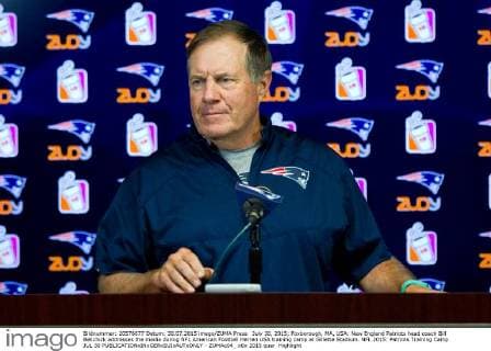 July 30, 2015; Foxborough, MA, USA: New England Patriots head coach Bill Belichick addresses the media during NFL American Football Herren USA training camp at Gillette Stadium. NFL 2015: Patriots Training Camp JUL 30 - ZUMAc04_