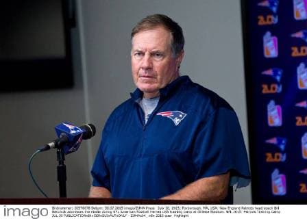 July 30, 2015; Foxborough, MA, USA: New England Patriots head coach Bill Belichick addresses the media during NFL American Football Herren USA training camp at Gillette Stadium. NFL 2015: Patriots Training Camp JUL 30 - ZUMAc04_