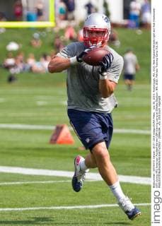 July 30, 2015; Foxborough, MA, USA: New England Patriots tight end Rob Gronkoswki (87) during NFL American Football Herren USA training camp at Gillette Stadium. NFL 2015: Patriots Training Camp JUL 30 - ZUMAc04_