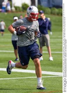 July 30, 2015; Foxborough, MA, USA: New England Patriots tight end Rob Gronkoswki (87) during NFL American Football Herren USA training camp at Gillette Stadium. NFL 2015: Patriots Training Camp JUL 30 - ZUMAc04_