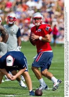 July 30, 2015; Foxborough, MA, USA: New England Patriots quarterback Jimmy Garoppolo (10) during NFL American Football Herren USA training camp at Gillette Stadium. NFL 2015: Patriots Training Camp JUL 30 - ZUMAc04_