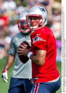 July 30, 2015; Foxborough, MA, USA: New England Patriots quarterback Jimmy Garoppolo (10) during NFL American Football Herren USA training camp at Gillette Stadium. NFL 2015: Patriots Training Camp JUL 30 - ZUMAc04_