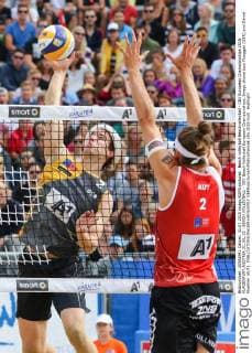 Beach volleyball Beachvolleyball - CEV European Championships 2015 KLAGENFURT,AUSTRIA,31.JUL.15 - BEACH VOLLEYBALL - CEV Beach Volleyball European Championships. Image shows Lars Flueggen (GER) and Daniel Muellner (AUT). GEPAxpictures xMaticxKlansek