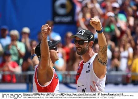 Beach volleyball Beachvolleyball - CEV European Championships 2015 KLAGENFURT,AUSTRIA,31.JUL.15 - BEACH VOLLEYBALL - CEV Beach Volleyball European Championships. Image shows the rejoicing of Alexander Horst and Clemens Doppler (AUT). GEPAxpictures xDanielxGoetzhaber