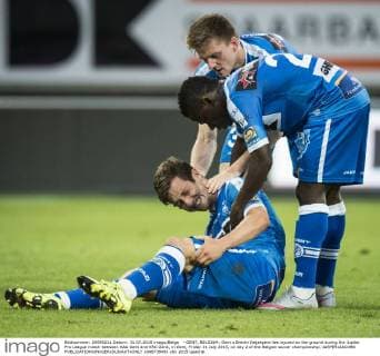 - GENT, BELGIUM: Gent s Brecht Dejaegere lies injured on the ground during the Jupiler Pro League match between KAA Gent and KRC Genk, in Gent, Friday 31 July 2015, on day 2 of the Belgian soccer championship. JASPERxJACOBS x04673849x