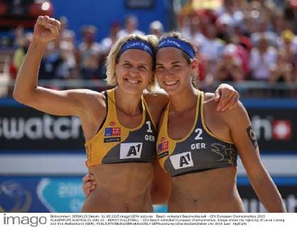 Beach volleyball Beachvolleyball - CEV European Championships 2015 KLAGENFURT,AUSTRIA,01.AUG.15 - BEACH VOLLEYBALL - CEV Beach Volleyball European Championships. Image shows the rejoicing of Laura Ludwig and Kira Walkenhorst (GER). GEPAxpictures xDanielxGoetzhaber