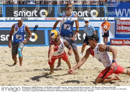 Beach volleyball Beachvolleyball - CEV European Championships 2015 KLAGENFURT,AUSTRIA,01.AUG.15 - BEACH VOLLEYBALL - CEV Beach Volleyball European Championships. Image shows Clemens Doppler and Alexander Horst (AUT). GEPAxpictures xMaticxKlansek