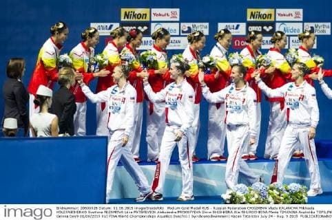 Podium Gold Medal RUS - Russian Federation CHIGIREVA Vlada KALANCHA Mikhaela KOLESNICHENKO Svetlana NIZAMOVA Liliia PATSKEVICH Aleksandra PROKOFYEVA Elena SHISHKINA Alla SHUROCHKINA Maria TIMANINA Anzhelika TOPILINA Gelena Day9 01 08 2015 XVI FINA World Championships Aquatics Synchro ( Synchronschwimmen) Kazan Tatarstan July 24 - Aug. 9 2015 PasqualexMesiano