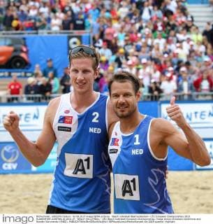 Beach volleyball Beachvolleyball - CEV European Championships 2015 KLAGENFURT,AUSTRIA,02.AUG.15 - BEACH VOLLEYBALL - CEV Beach Volleyball European Championships. Image shows Christiaan Varenhorst and Reinder Nummerdor ((NED). GEPAxpictures xMaticxKlansek
