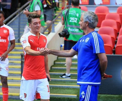 Arsenal s Mesut Ozil gets congratulated by Chelsea s Jose Mourinho Arsenal v Chelsea - FA Community Shield - Wembley Stadium- England - 2nd August 2015 - Picture David Klein Sportimage EDITORIAL USE ONLY. No use with unauthorised audio, video, data, fixture lists, club league logos or live services. Online in-match use limited to 120 images, no video emulation. No use in betting, games or single club league player publications.