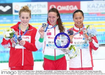 (L-R) Siobhan Marie O Connor (GBR), Katinka Hosszu (HUN), Kanako Watanabe (JPN), AUGUST 3, 2015 - Swimming : 16th FINA World Championships Kazan 2015 Women s 200m Individual Medley Medal Ceremony at Kazan Arena in Kazan, Russia. Noxthirdxpartyxsales  (umqa026557)