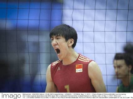 (150804) -- ESTONIA, Aug. 3, 2015 -- Zhang Zhejia of China celebrates scoring during their match against Australia at the 18th Asian Men s Volleyball Championship at Azadi Stadium in Tehran, Iran, on Aug. 3, 2015. China won 3-0. ) (SP)IRAN-TEHRAN-VOLLEYBALL-CHINA VS AUSTRALIA AhmadxHalabisaz 