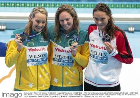 SWIMMING - FINA World Championships 2015 KAZAN,RUSSIA,04.AUG.15 - SWIMMING - FINA World Championships 2015, 100m backstroke, women, award ceremony. Image shows Madison WIlson, Emily Seebhom (AUS) and Mie Oe Nielsen (DEN). Keywords: medal. GEPAxpictures xPhilippxBrem