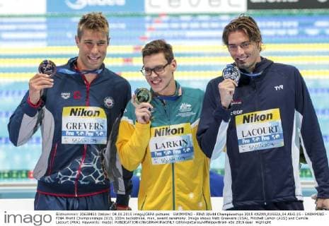 SWIMMING - FINA World Championships 2015 KAZAN,RUSSIA,04.AUG.15 - SWIMMING - FINA World Championships 2015, 100m backstroke, men, award ceremony. Image shows Matt Greevers (USA), Mitchell Larkin (AUS) and Camille Lacourt (FRA). Keywords: medal. GEPAxpictures xPhilippxBrem