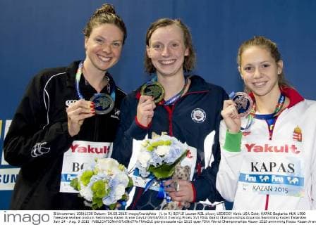 (L to R) BOYLE Lauren NZL silver; LEDECKY Katie USA Gold; KAPAS Boglarka HUN 1500 freestyle women podium Swimming Kazan Arena Day12 04 08 2015 Evening Finals XVI FINA World Championships Aquatics Swimming Kazan Tatarstan July 24 - Aug. 9 2015 giorgioxscala