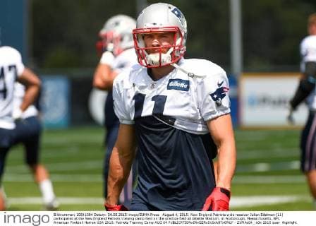 August 4, 2015: New England Patriots wide receiver Julian Edelman (11) participates at the New England Patriots training camp held on the practice field at Gillette Stadium, in Foxborough, Massachusetts. NFL American Football Herren USA 2015: Patriots Training Camp AUG 04 - ZUMAc04_