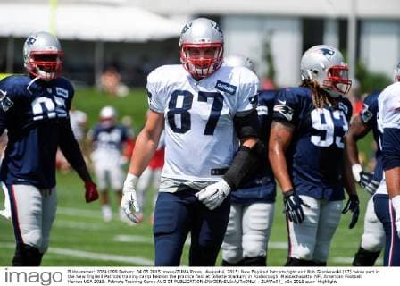 August 4, 2015: New England Patriots tight end Rob Gronkowski (87) takes part in the New England Patriots training camp held on the practice field at Gillette Stadium, in Foxborough, Massachusetts. NFL American Football Herren USA 2015: Patriots Training Camp AUG 04 - ZUMAc04_
